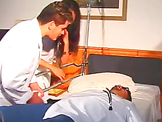 Sexy brunette nurse enjoys cunnilingus and gets face-fucked