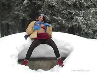 Brunette Euro Babe Masturbates in the Snow